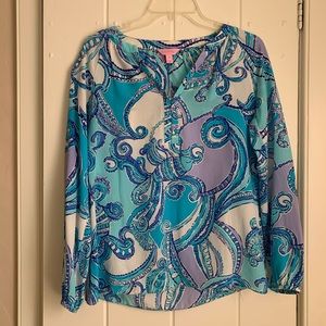 Lily Pulitzer Elsie Searulean Blue Test The Water Silk Blouse